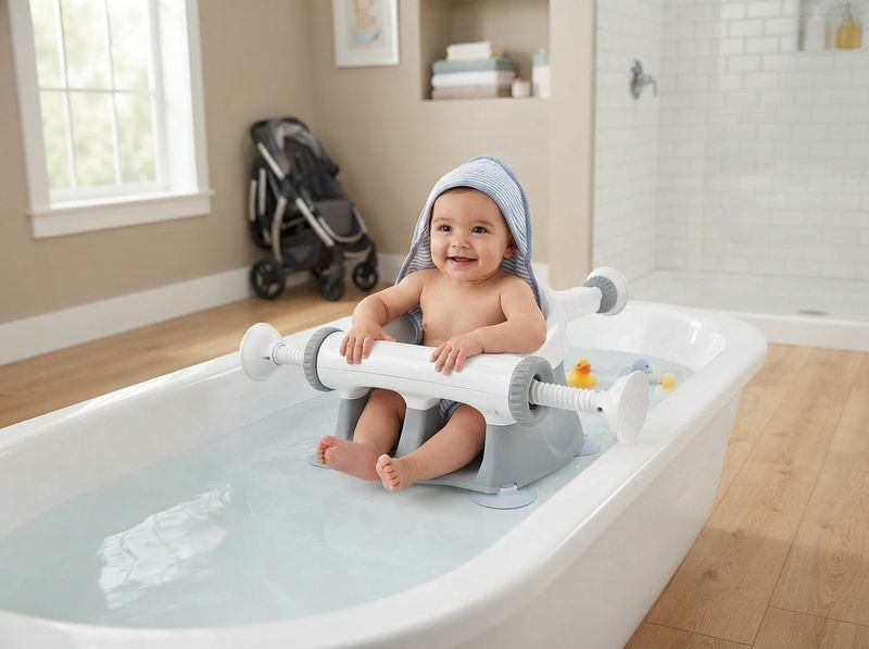 Infant sitting upright in a white bath ring seat inside a rectangular bathtub, parent hand rinsing