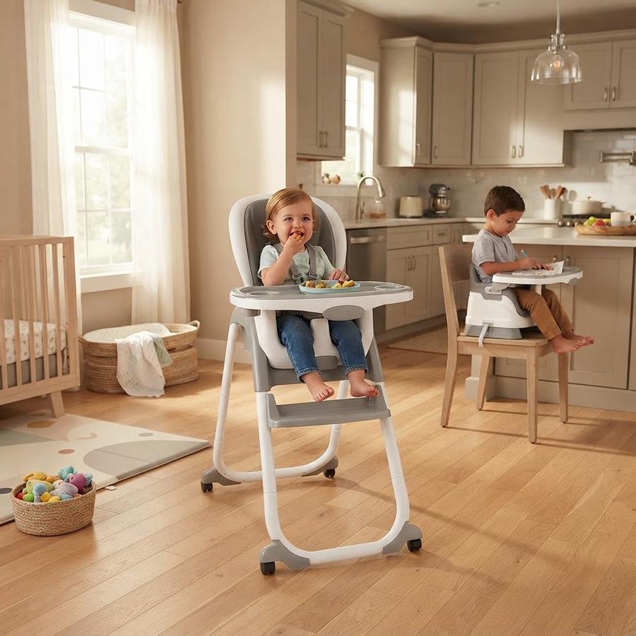 Toddler in a white high chair at a kitchen table, parent lifting the tray off one-handed